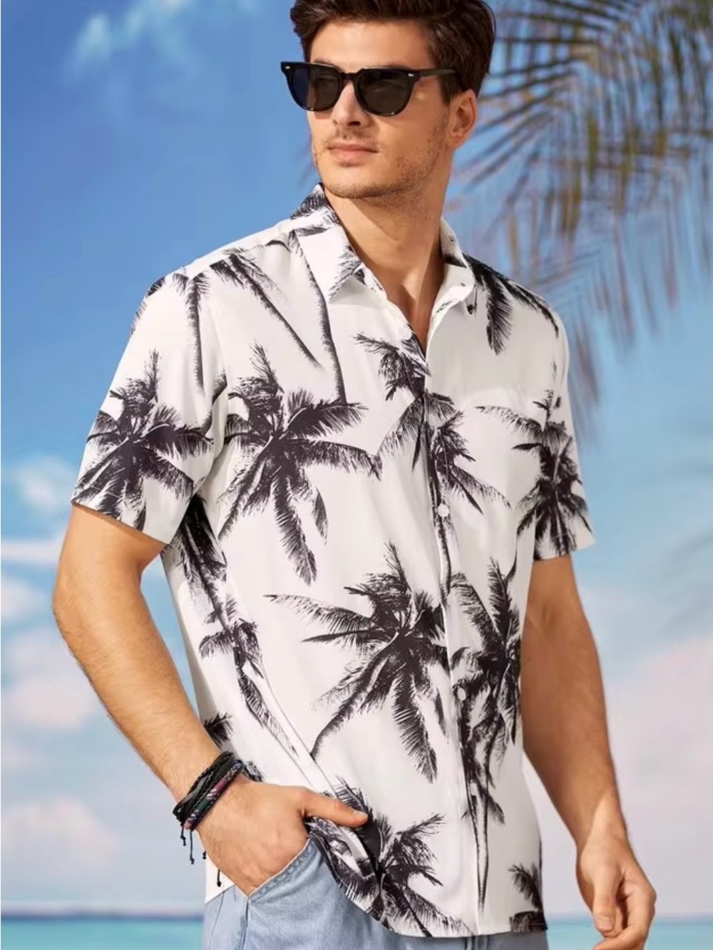 SHEIN NWOT Men's XL White Palm Print Button Up Shirt